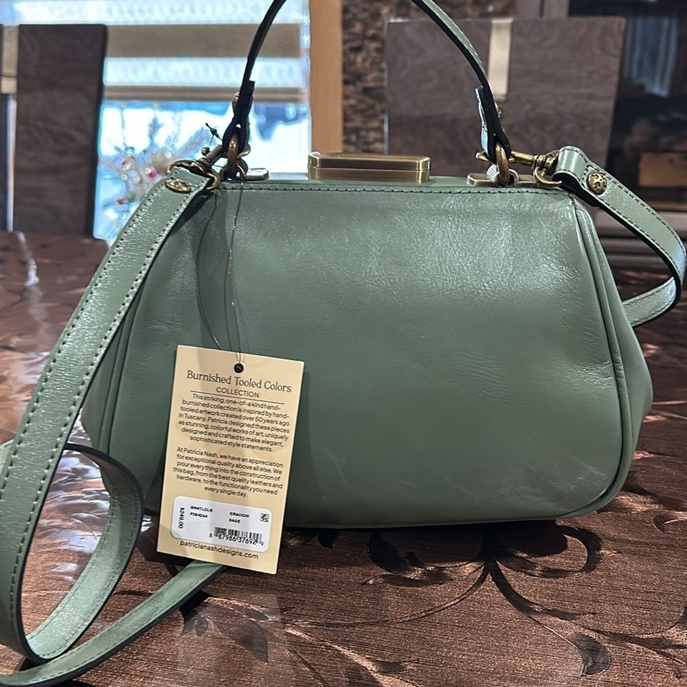 Patricia Nash Handbag Satchel SAGE Gracchi Frame Tooled Leather Long Strap - Picture 10 of 12